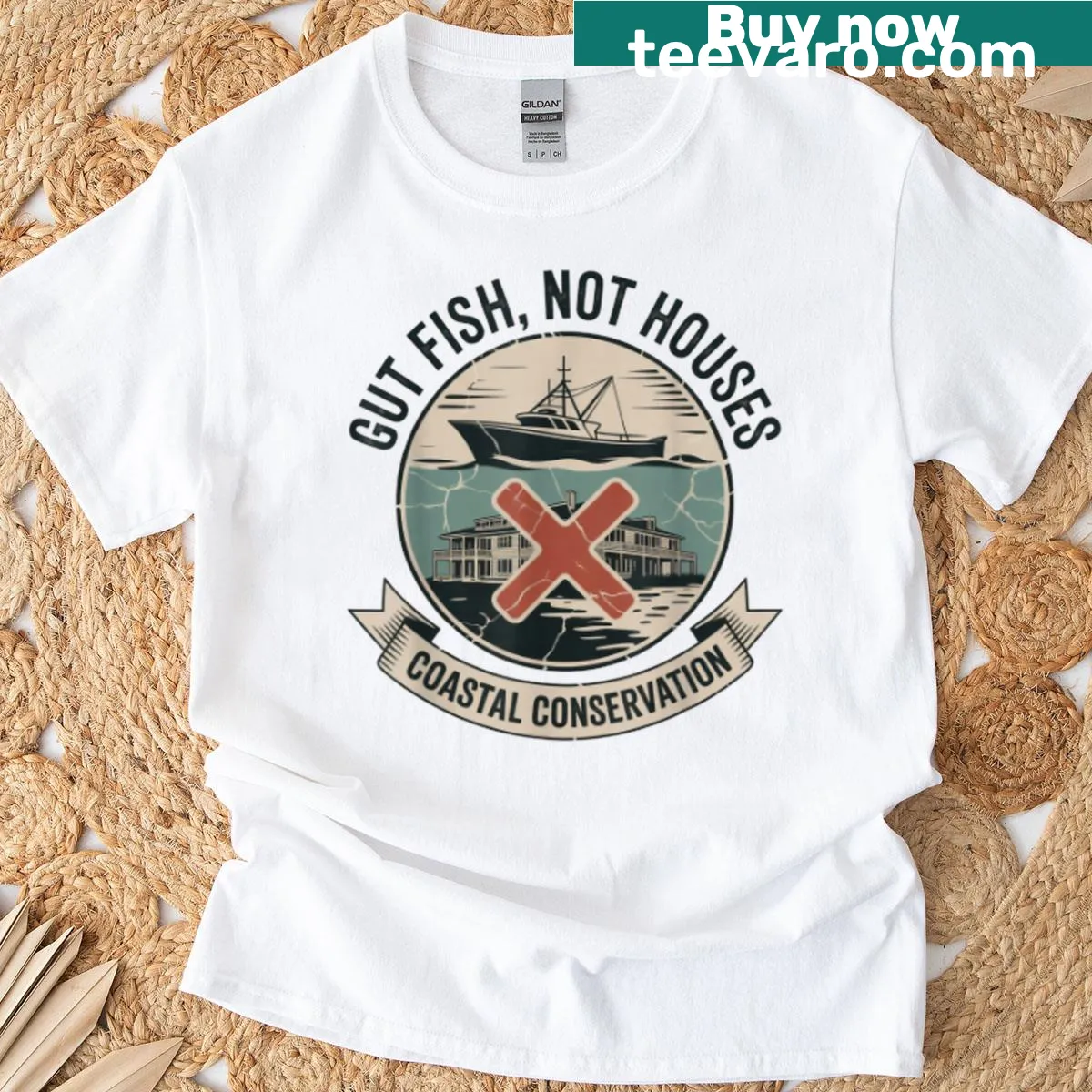 Gut Fish Not Houses t-shirt with ocean conservation graphic — on a men's t-shirt