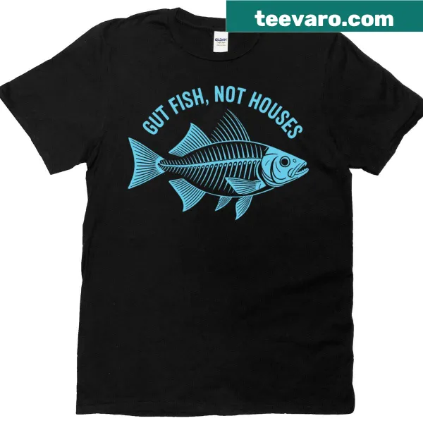 Vintage coastal design tee with 'Gut Fish Not Houses' text