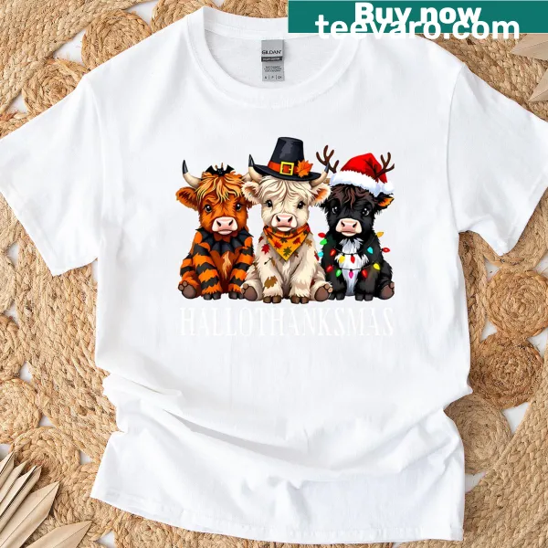 Vintage-style t-shirt featuring a Hallothanksmas Christmas tree design