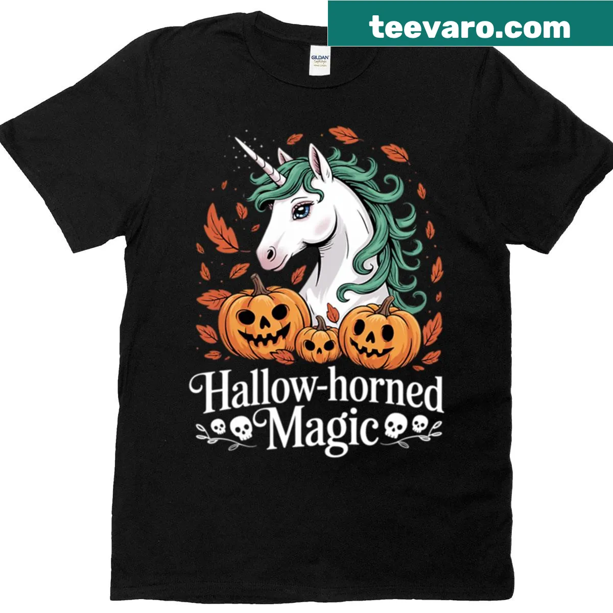 Cartoon T-shirt featuring a Halloween unicorn with spooky horns — on a men's t-shirt
