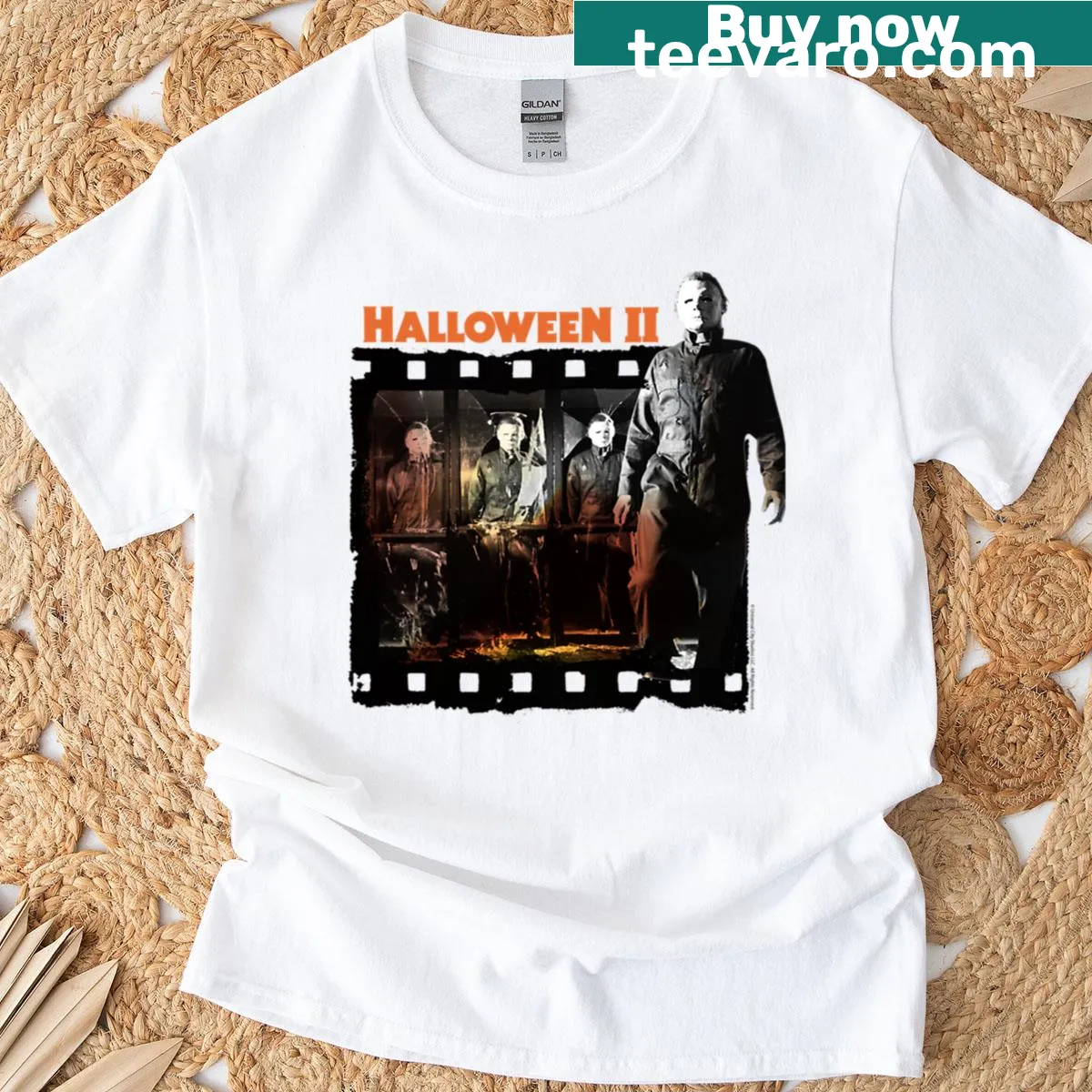 Vintage film strip design featuring Michael Myers from Halloween 2 — on a men's t-shirt
