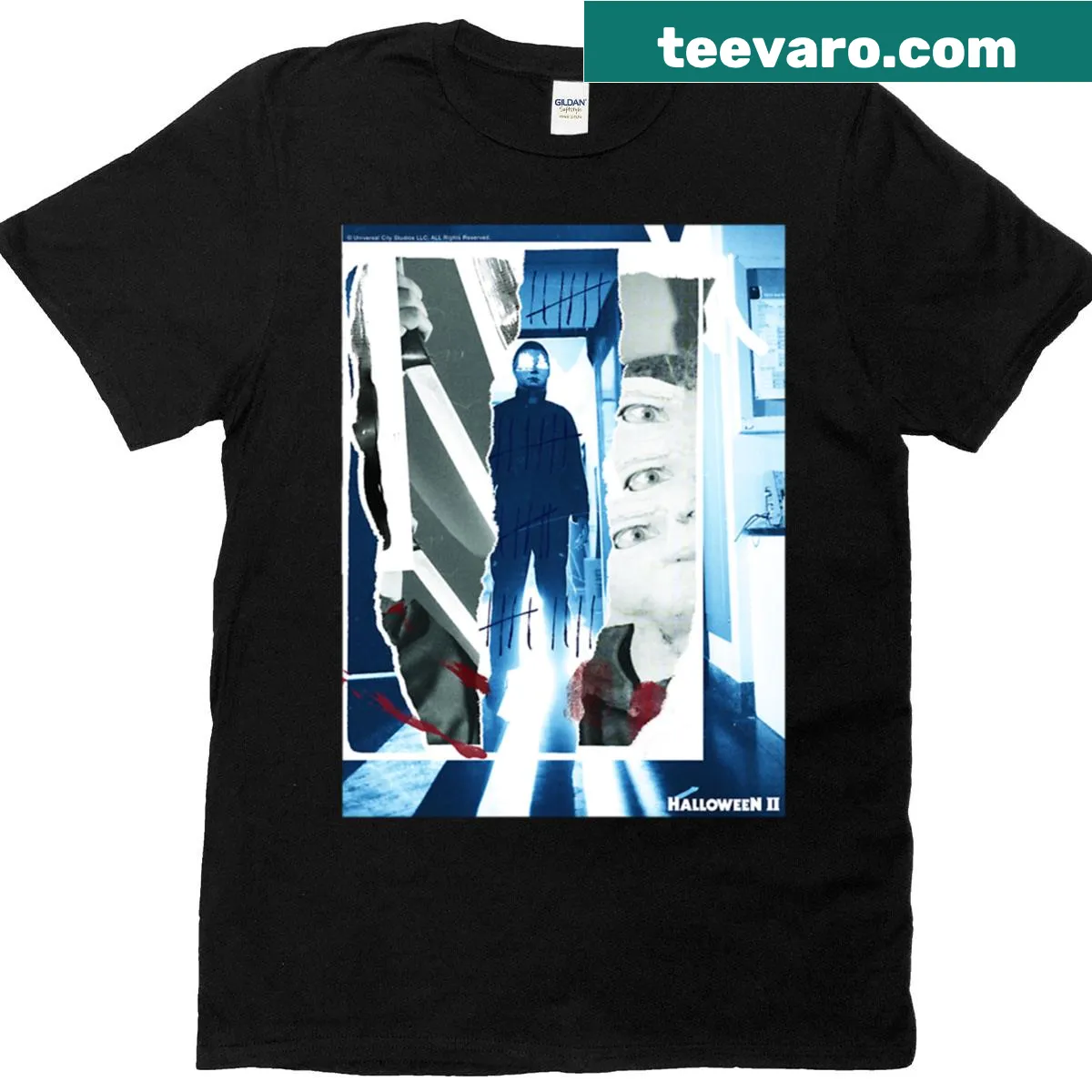 Pop art Michael Myers design on Halloween T-shirt — on a men's t-shirt