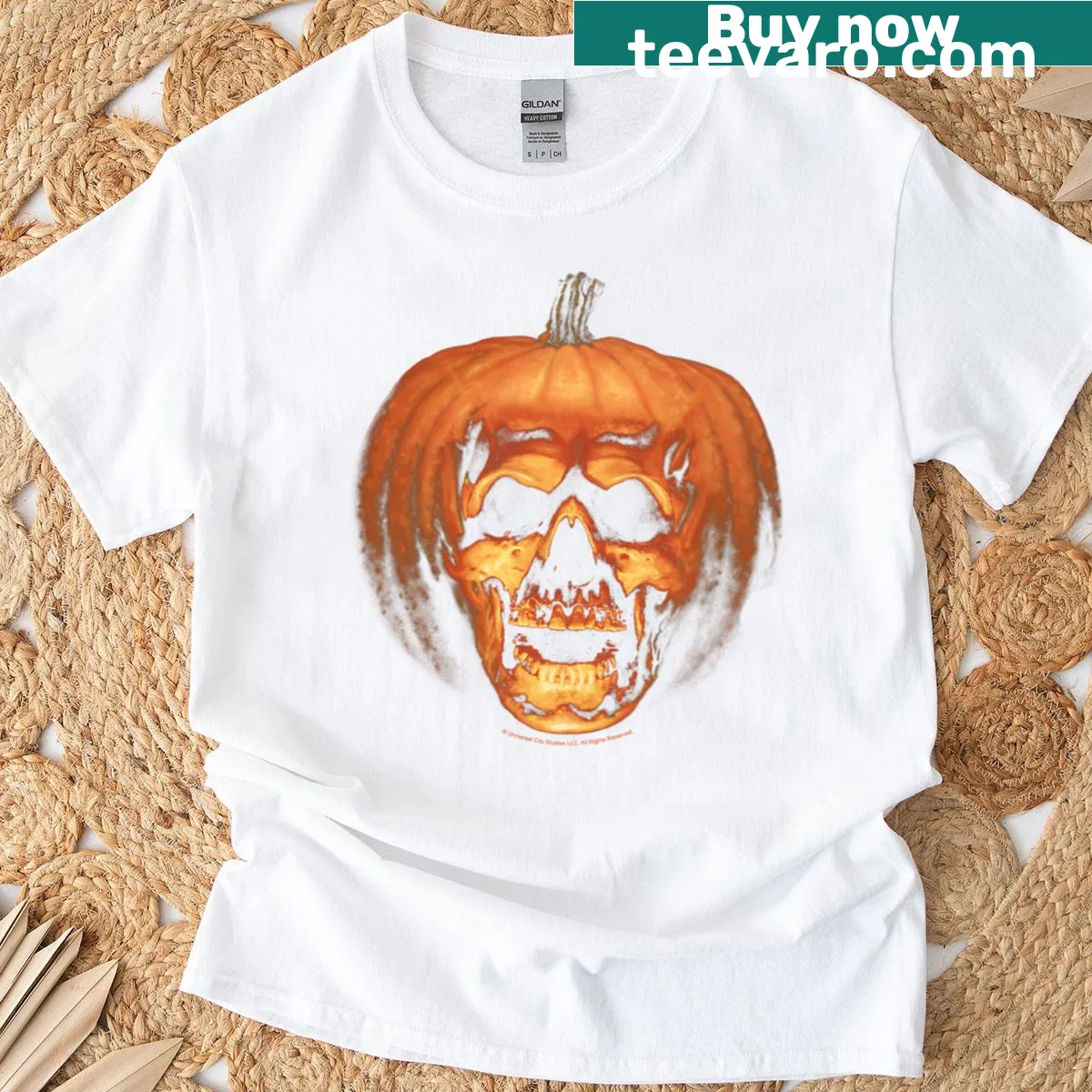 Cartoon pumpkin with a big face on Halloween T-shirt — on a men's t-shirt