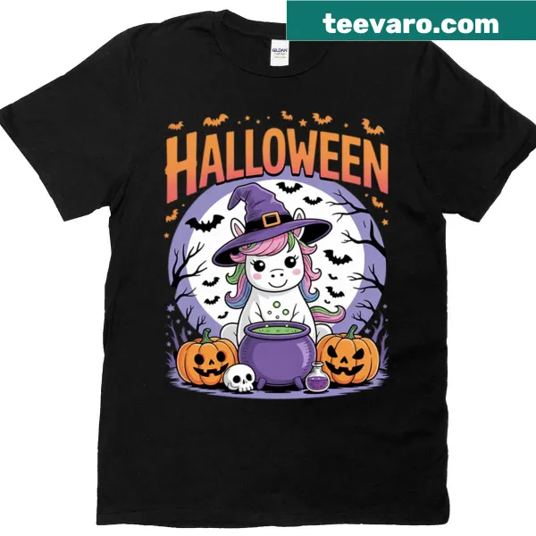 Cute Halloween shirt featuring a pumpkin and witchy unicorn graphic