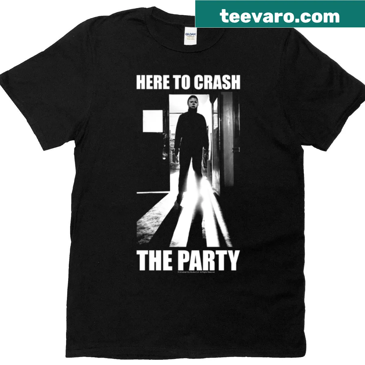 Michael Myers T-shirt with the phrase Here To Crash The Party in playful typography. — on a men's t-shirt