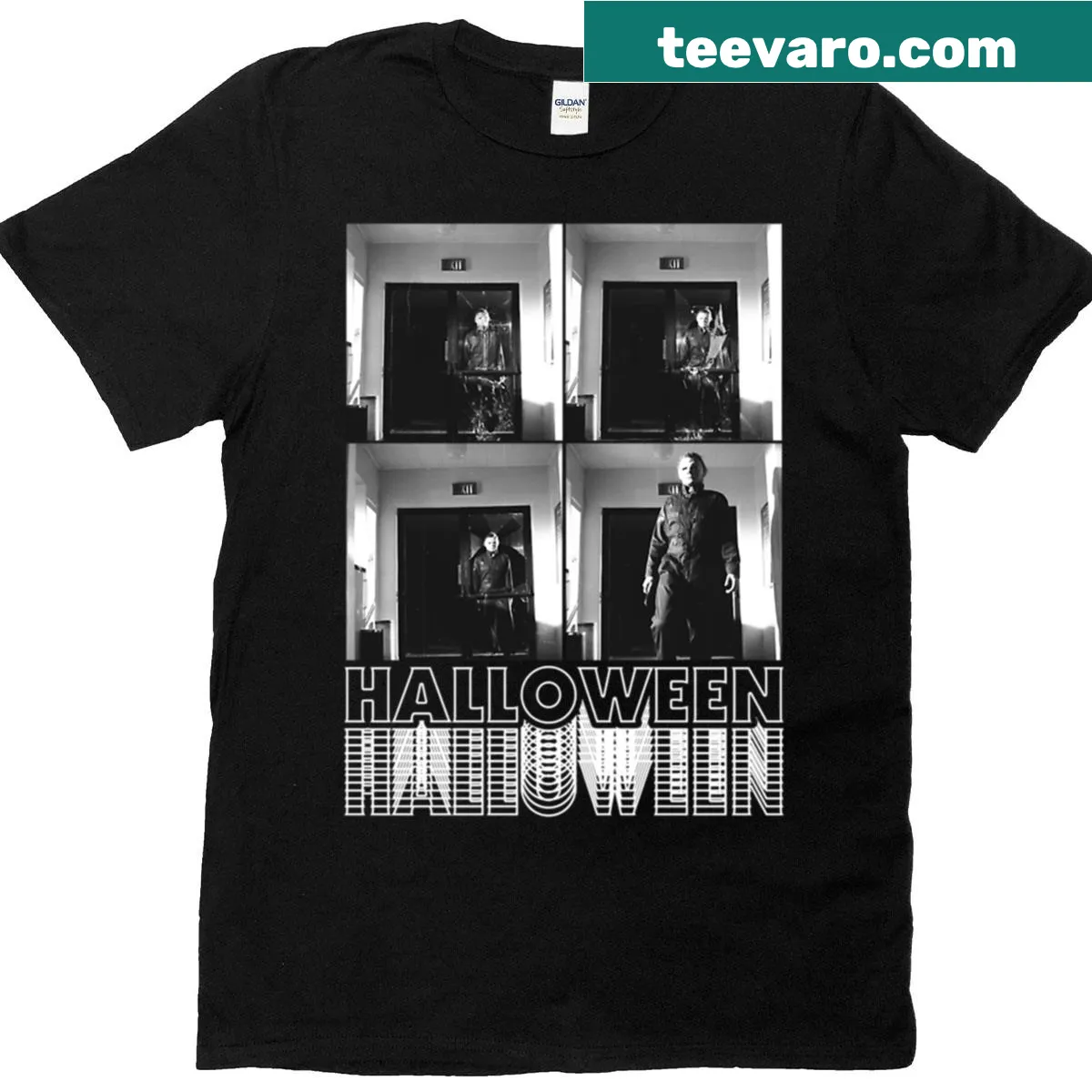 Illustrated Michael Myers scene from Halloween horror film t-shirt — on a men's t-shirt