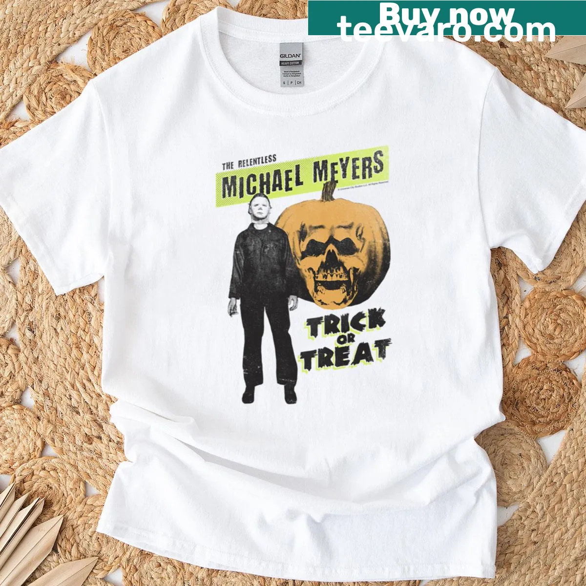 T-shirt featuring a cartoon design of Michael Myers for Halloween — on a men's t-shirt