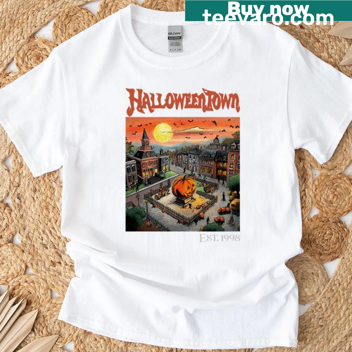 T-shirt featuring a nostalgic design inspired by Halloweentown movie. — on a men's t-shirt