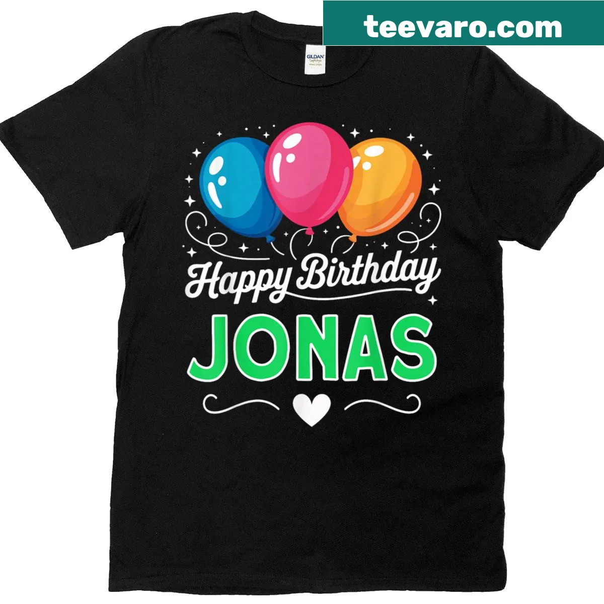 Birthday T-shirt with cheerful typography saying 'Happy Birthday Jonas' — on a men's t-shirt