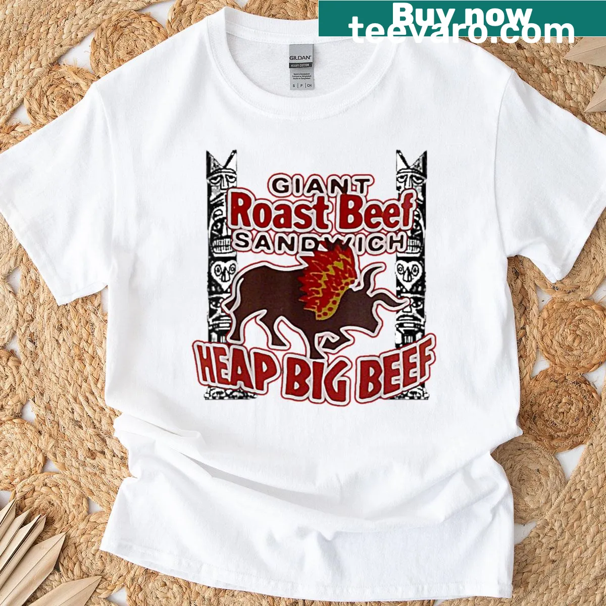 Vintage logo t-shirt showcasing Heap Big Beef restaurant theme — on a men's t-shirt