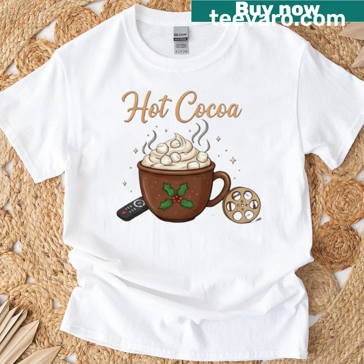 Christmas-themed T-shirt celebrating hot cocoa and movies — on a men's t-shirt