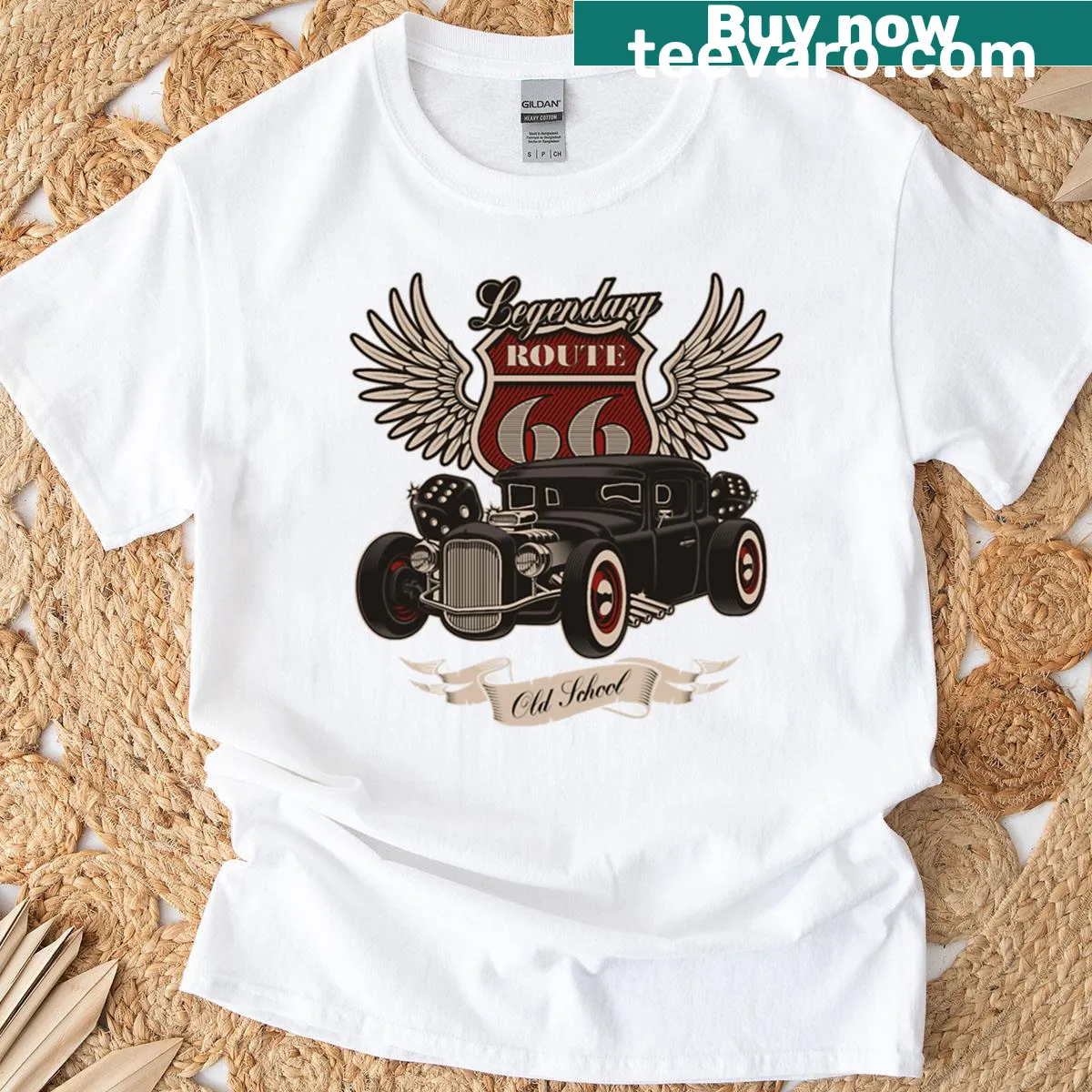 Retro hot rod T-shirt featuring a classic car and Route 66 design — on a men's t-shirt
