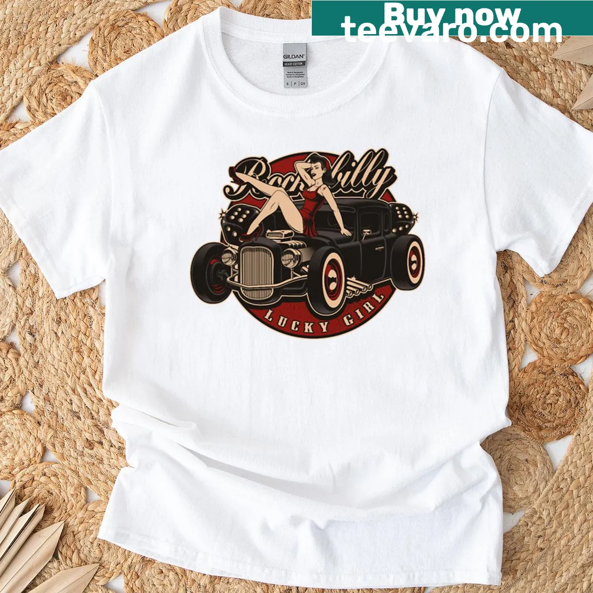 Vintage hot rod themed t-shirt with playful 'Lucky Girl' text — on a men's t-shirt