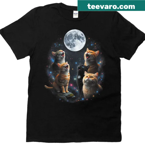 T-shirt featuring howling cats against a full moon and starry sky