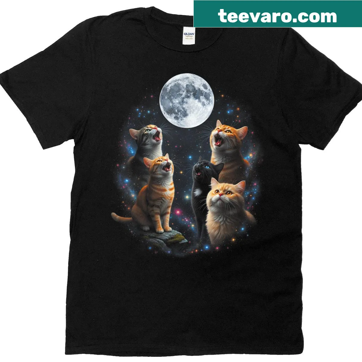 T-shirt featuring howling cats against a full moon and starry sky — on a men's t-shirt