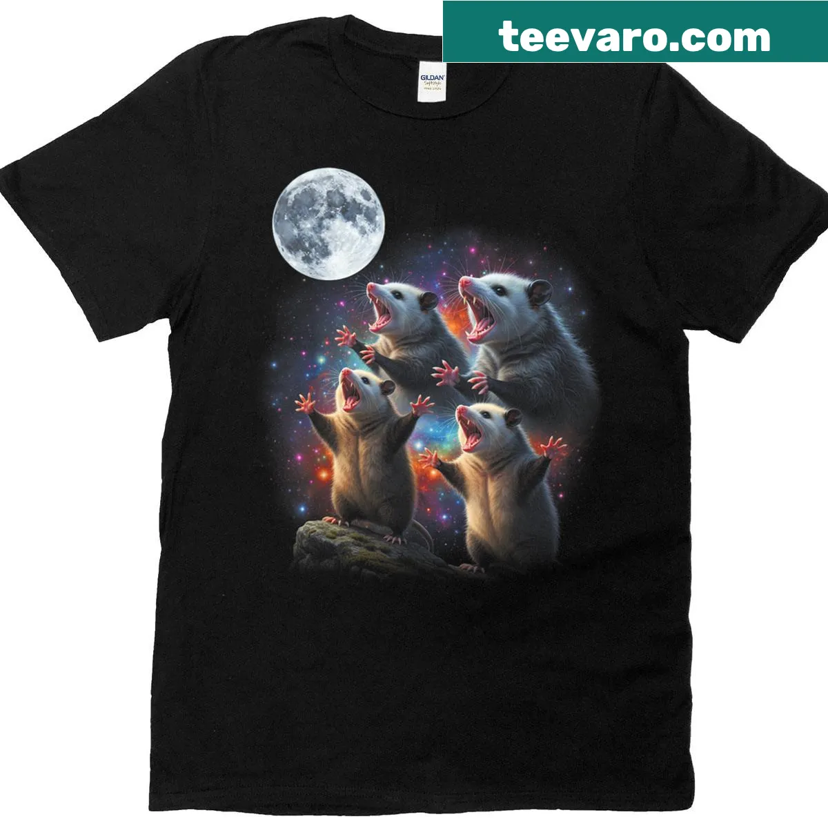 Cartoon t-shirt with howling opossum and moon design — on a men's t-shirt