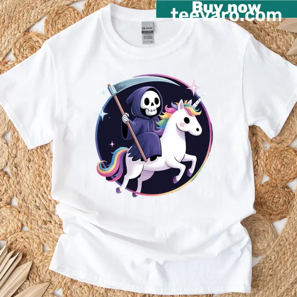 Cartoon Grim Reaper on a unicorn in colorful design for kids