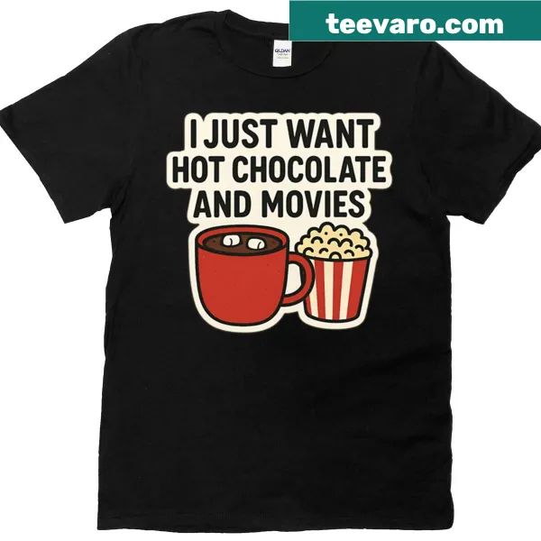 Cozy movie night T-shirt with hot chocolate theme