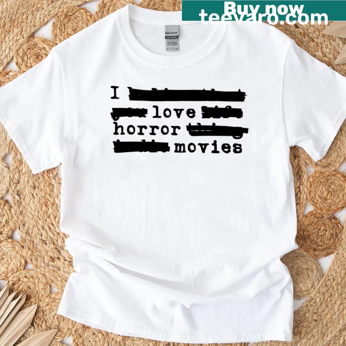 Redacted text t-shirt featuring 'I Love Horror Movies' in black font — on a men's t-shirt