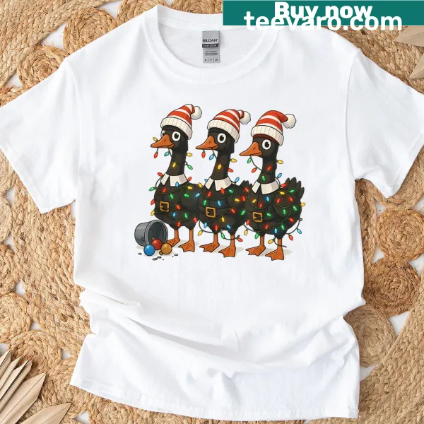Funny Christmas shirt with the phrase 'I Saw Three Pilgrim Geese Come Flying In'.