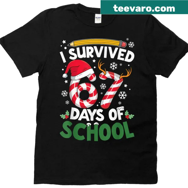 Funny Christmas shirt stating 'I Survived 67 Days Of School' for teachers