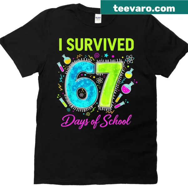 Funny teacher T-shirt with 'I Survived 67 Days Of School' text