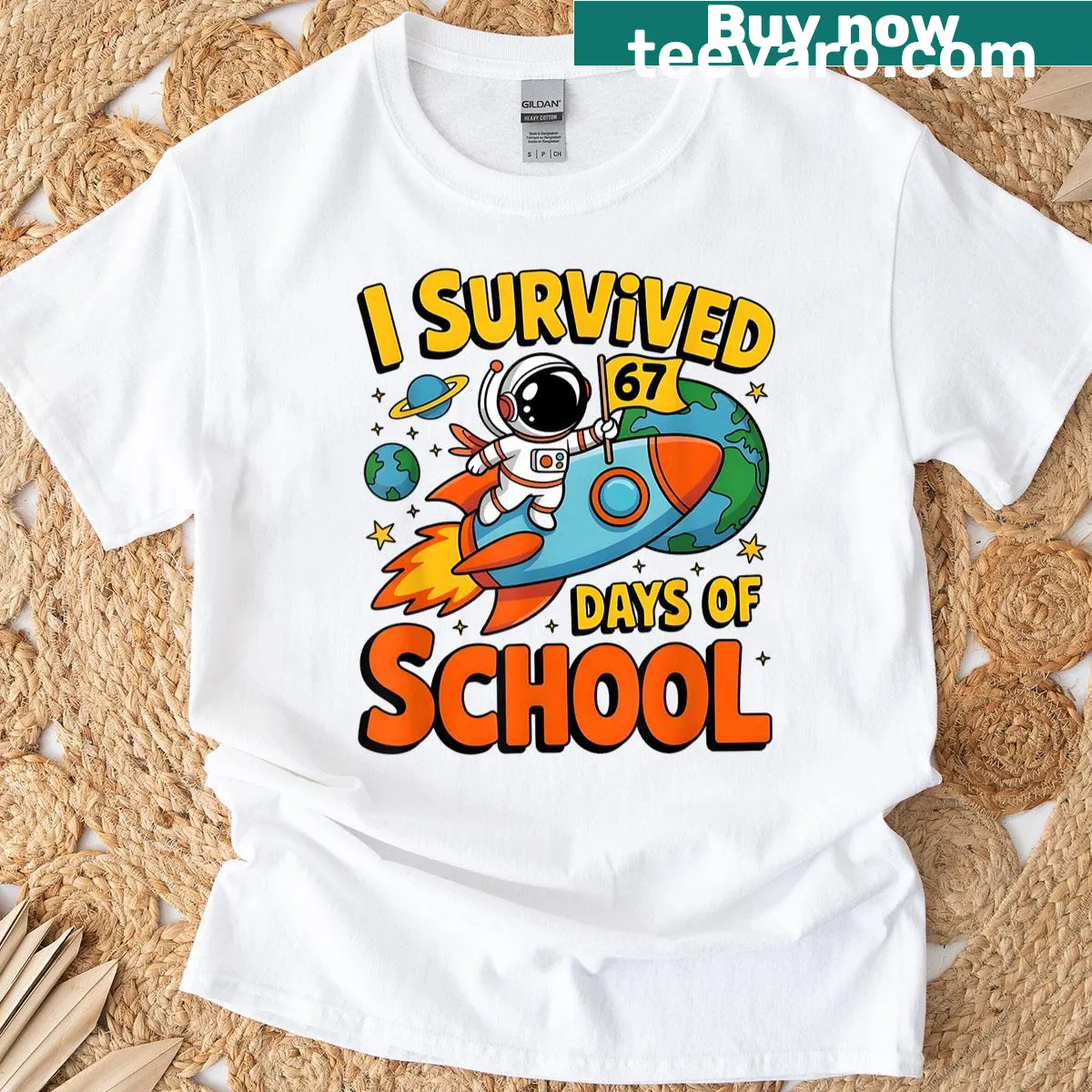 Humorous T-shirt for teachers celebrating surviving the school year — on a men's t-shirt
