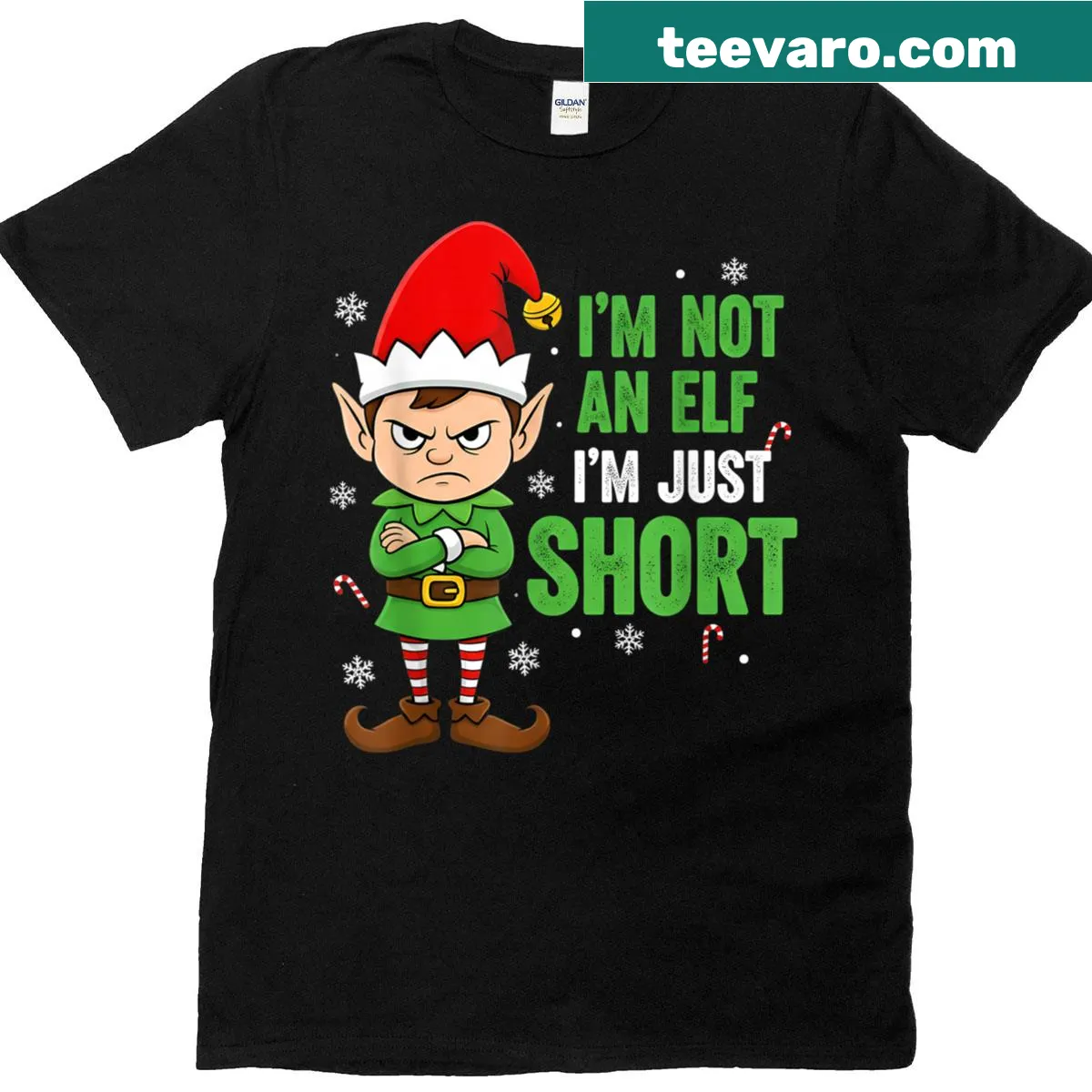 Cartoon elf t-shirt featuring a funny short elf statement for Christmas — on a men's t-shirt