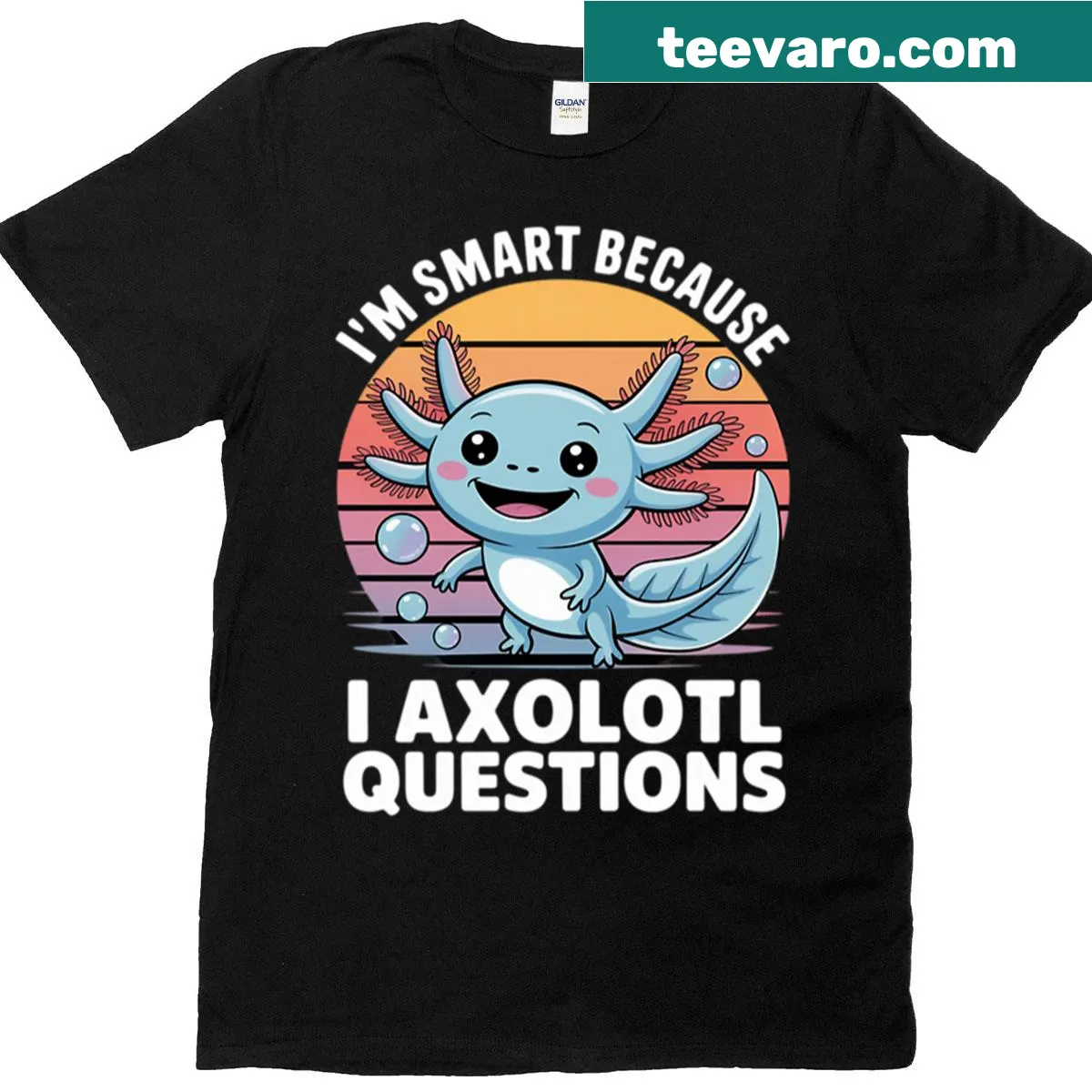 Funny kids T-shirt featuring a cartoon axolotl and a pun. — on a men's t-shirt