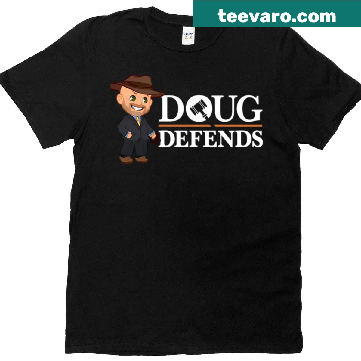 Illustrated shirt featuring Indiana Doug in a humorous defense pose — on a men's t-shirt