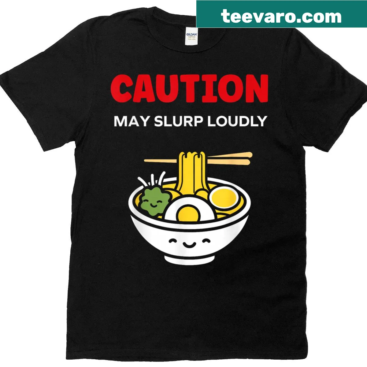 Funny ramen T-shirt with slurp warning graphic — on a men's t-shirt