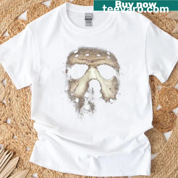 Graphic of Jason Voorhees mask on horror-themed t-shirt
