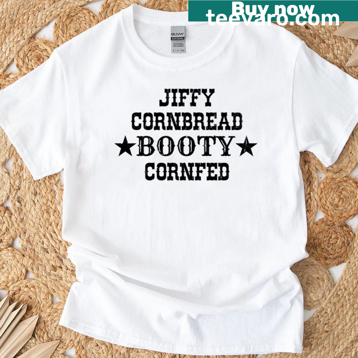 T-shirt featuring the phrase 'Jiffy Cornbread Booty Cornfed' in playful typography. — on a men's t-shirt