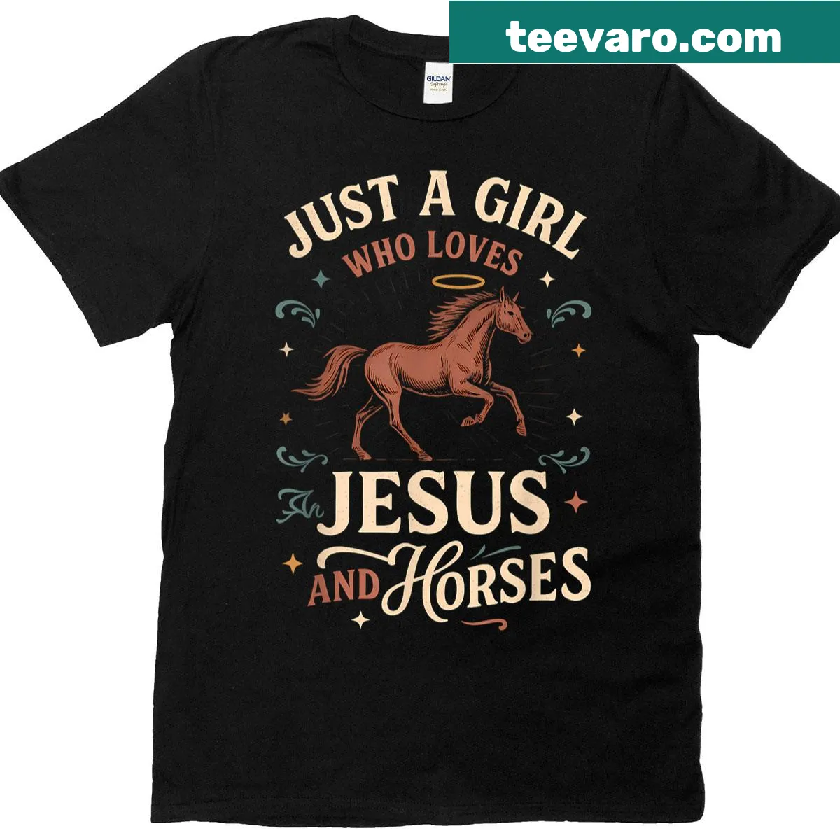T-shirt with 'Just A Girl Who Loves Jesus And Horses' — on a men's t-shirt