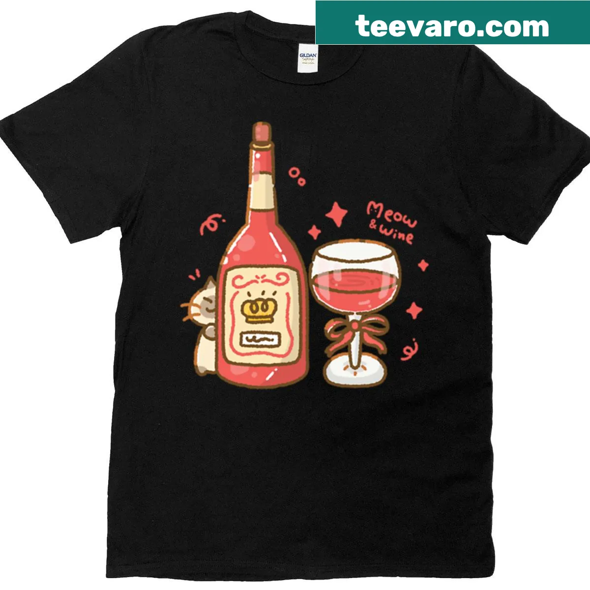 Kawaii cat holding a glass of wine in a cute illustration — on a men's t-shirt