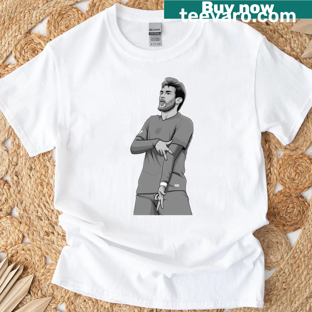 Illustrated black and white T-shirt featuring Khvicha Kvaratskhelia — on a men's t-shirt