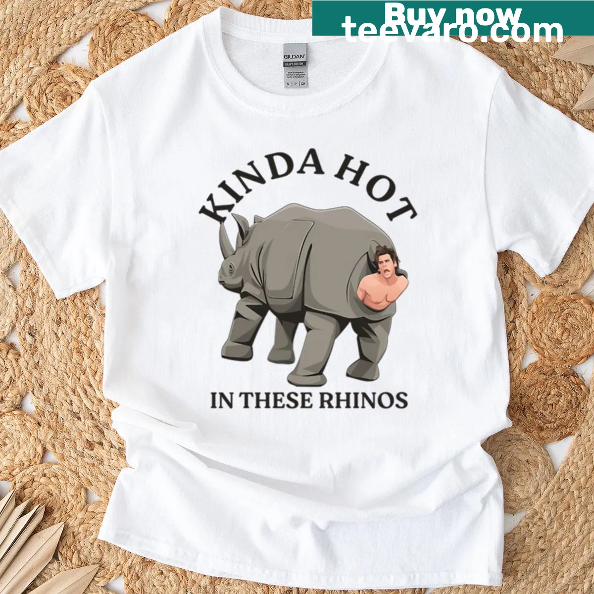Funny t-shirt featuring rhino-themed text and graphics — on a men's t-shirt