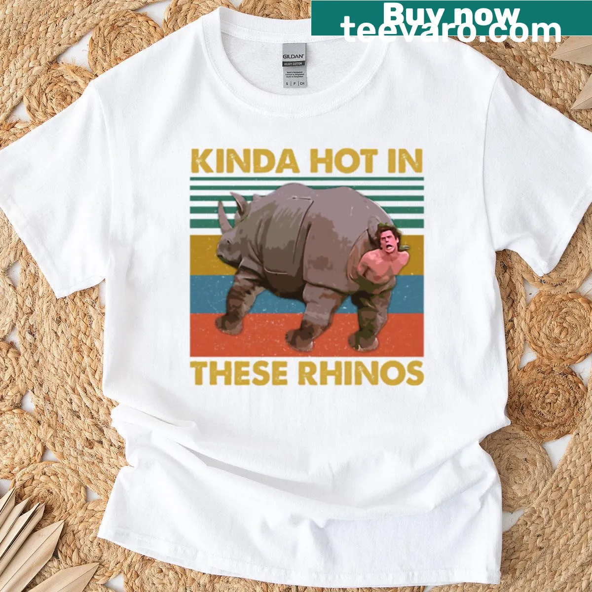 Humorous retro shirt featuring rhinos — on a men's t-shirt