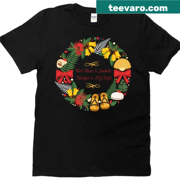 Kiwiana Christmas wreath t-shirt with red bows