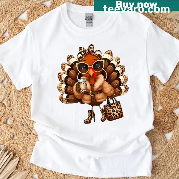 Cute leopard turkey drinking coffee cartoon T-shirt for women