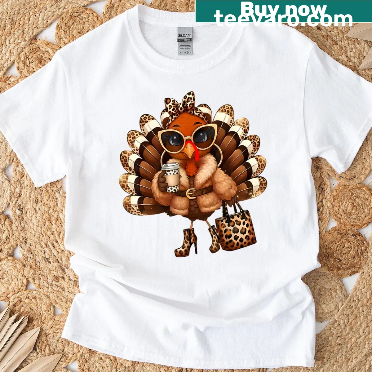 Cute leopard turkey drinking coffee cartoon T-shirt for women — on a men's t-shirt