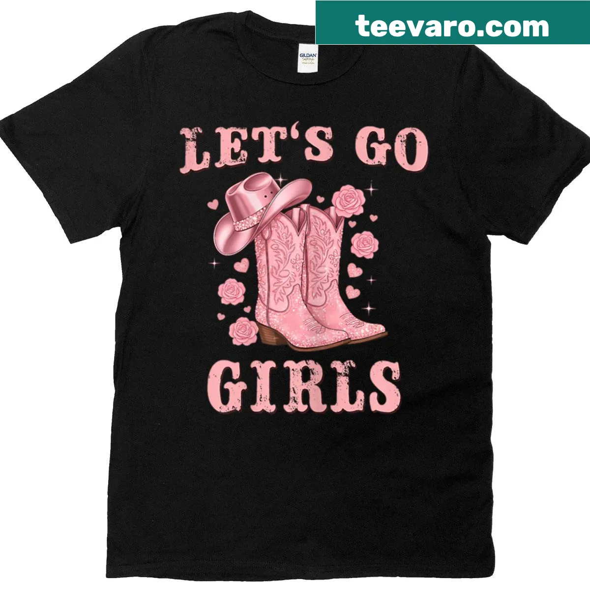 Vintage-style t-shirt with pink cowgirl boots and hat design — on a men's t-shirt