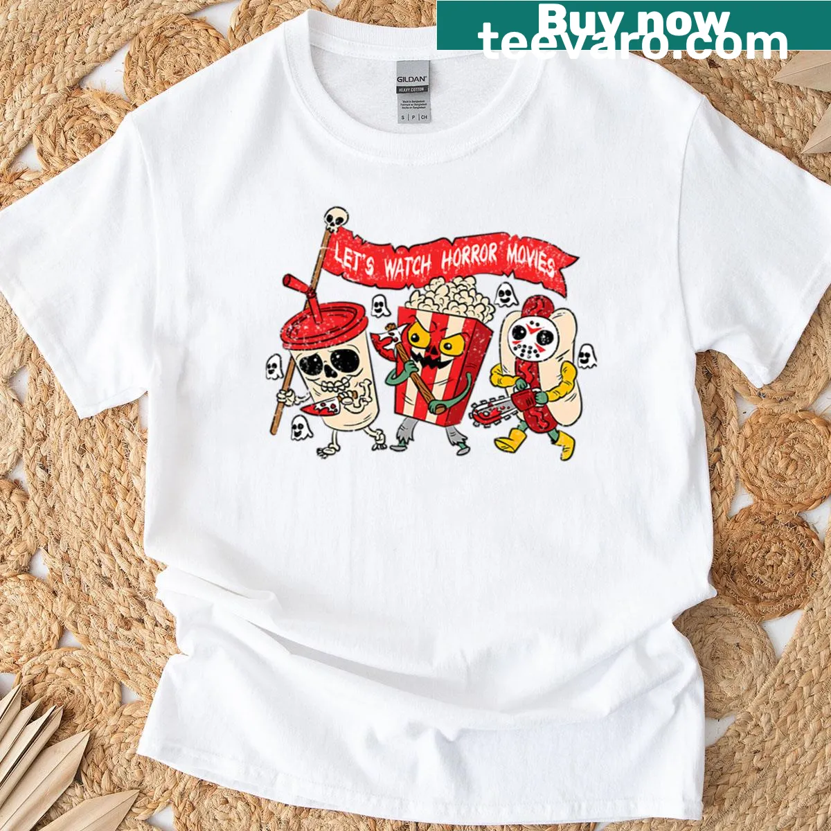 Funny ghost and skeleton graphic on Halloween-themed t-shirt — on a men's t-shirt