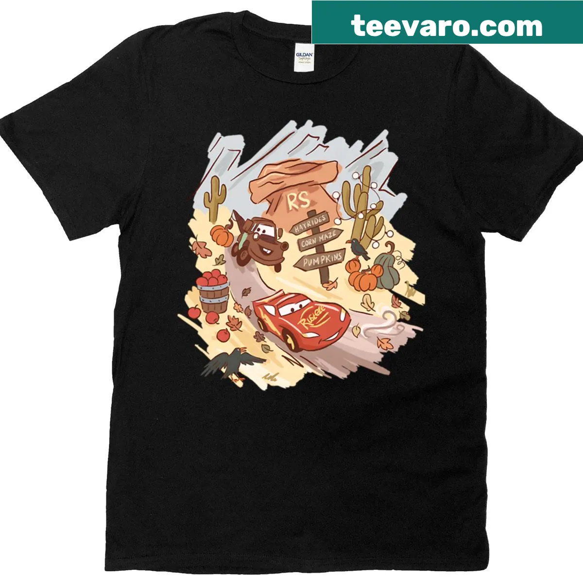 Cartoon t-shirt featuring Lightning McQueen and Tow Mater from Cars — on a men's t-shirt