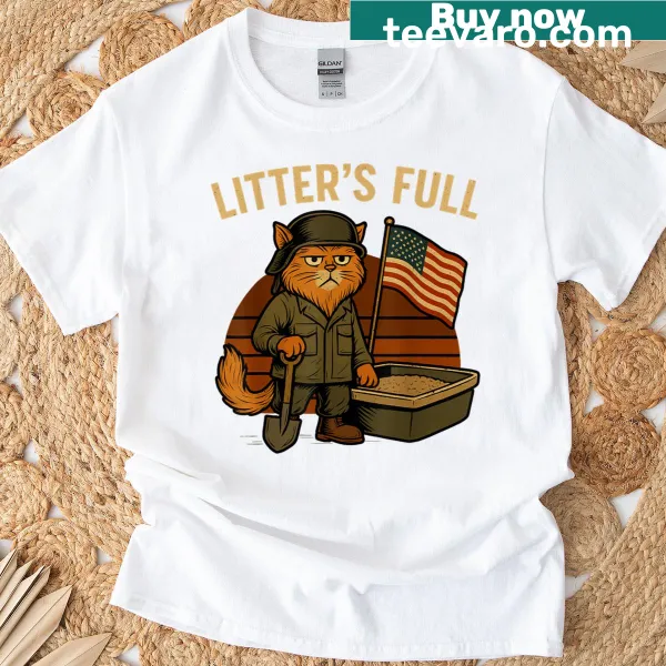 Cartoon graphic of cats on a 'Litters Full' parody T-shirt