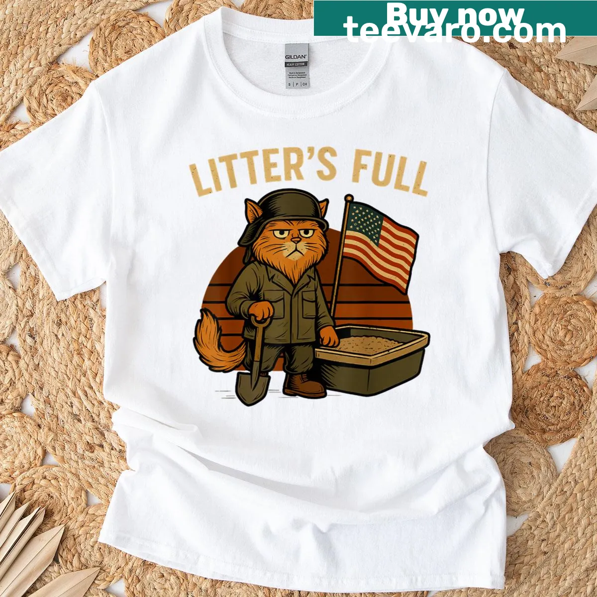 Cartoon graphic of cats on a 'Litters Full' parody T-shirt — on a men's t-shirt