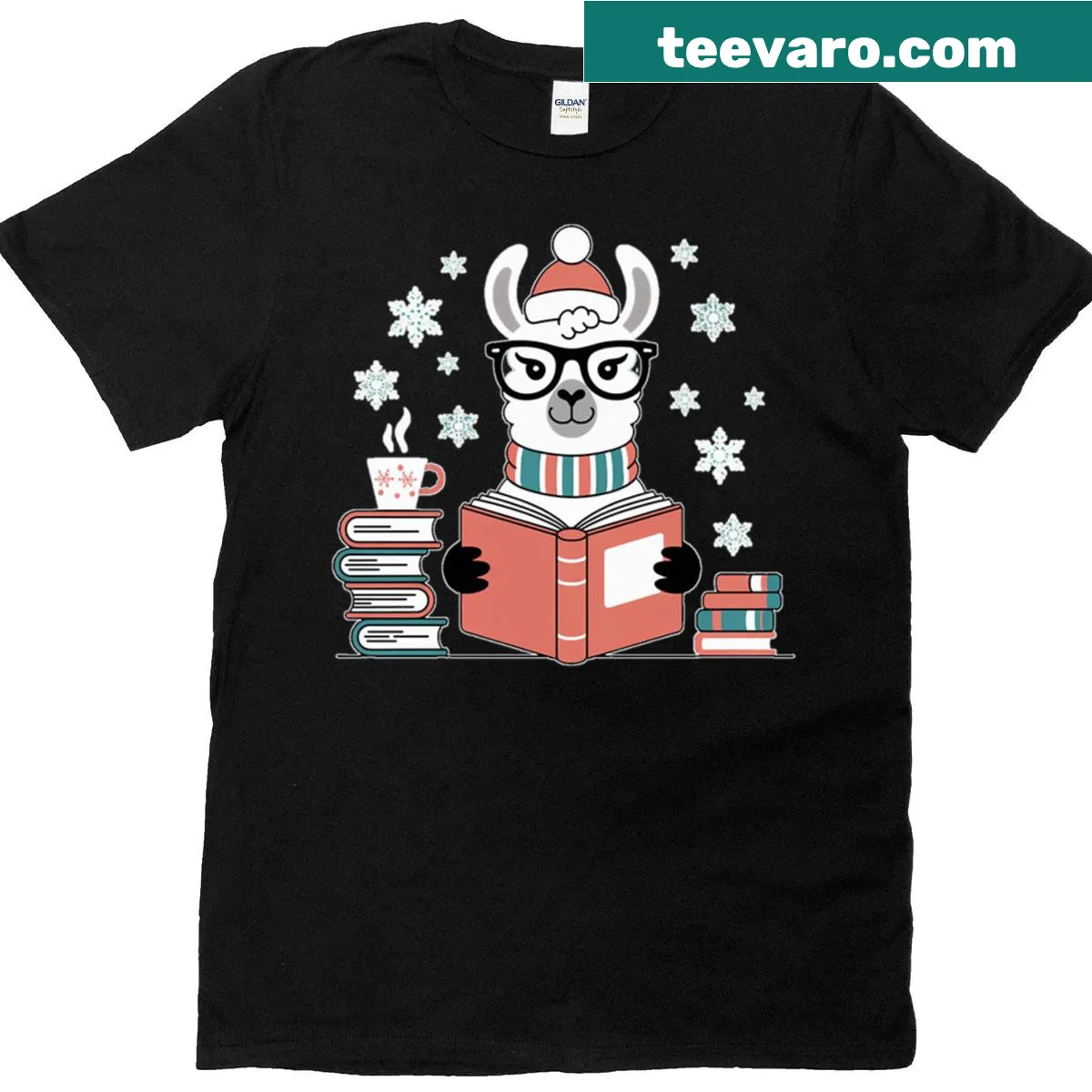 Illustration of a festive llama holding a book for teachers. — on a men's t-shirt