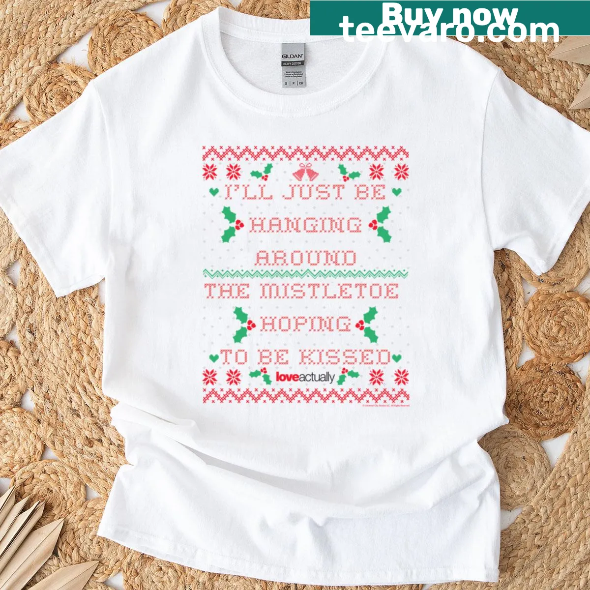 Cute Christmas shirt with mistletoe and kiss graphics — on a men's t-shirt
