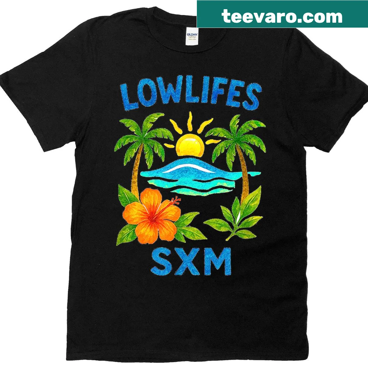 Low Lifes Sxm 2025 t-shirt with bold team name — on a men's t-shirt