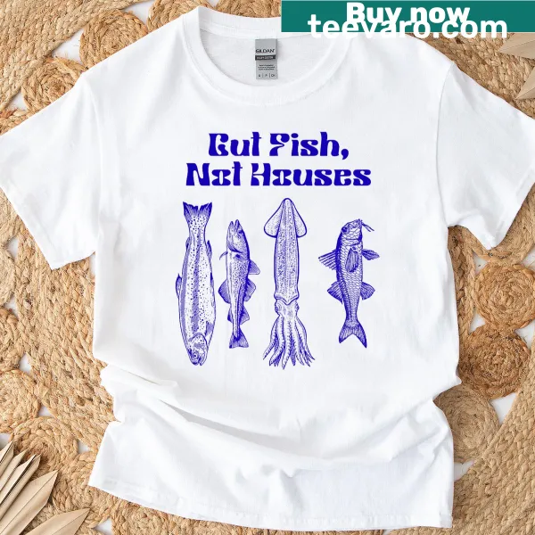 Illustration of fish and houses promoting coastal conservation on a t-shirt